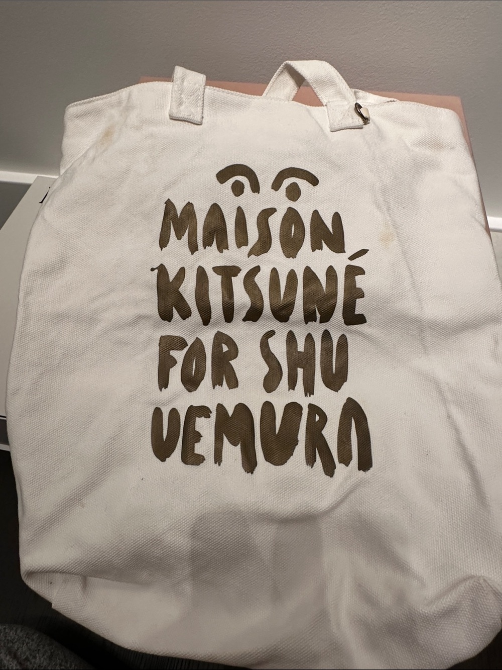 Shu Uemura White Canvas Tote with Brown Logo Print